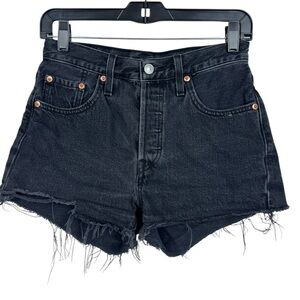 LEVI'S 501 Cut Off Denim Shorts Raw Hem Black Button Fly Festival boho size 25